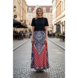Flying Tomato Maxi Skirt Red Blue‎ White Boho Bohemian Elastic Waist Women's Med